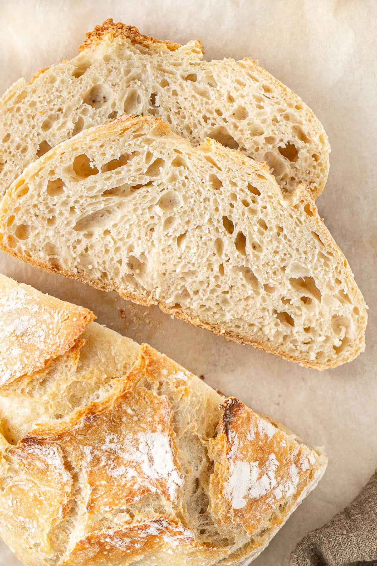 Close up of slices of no knead bread.
