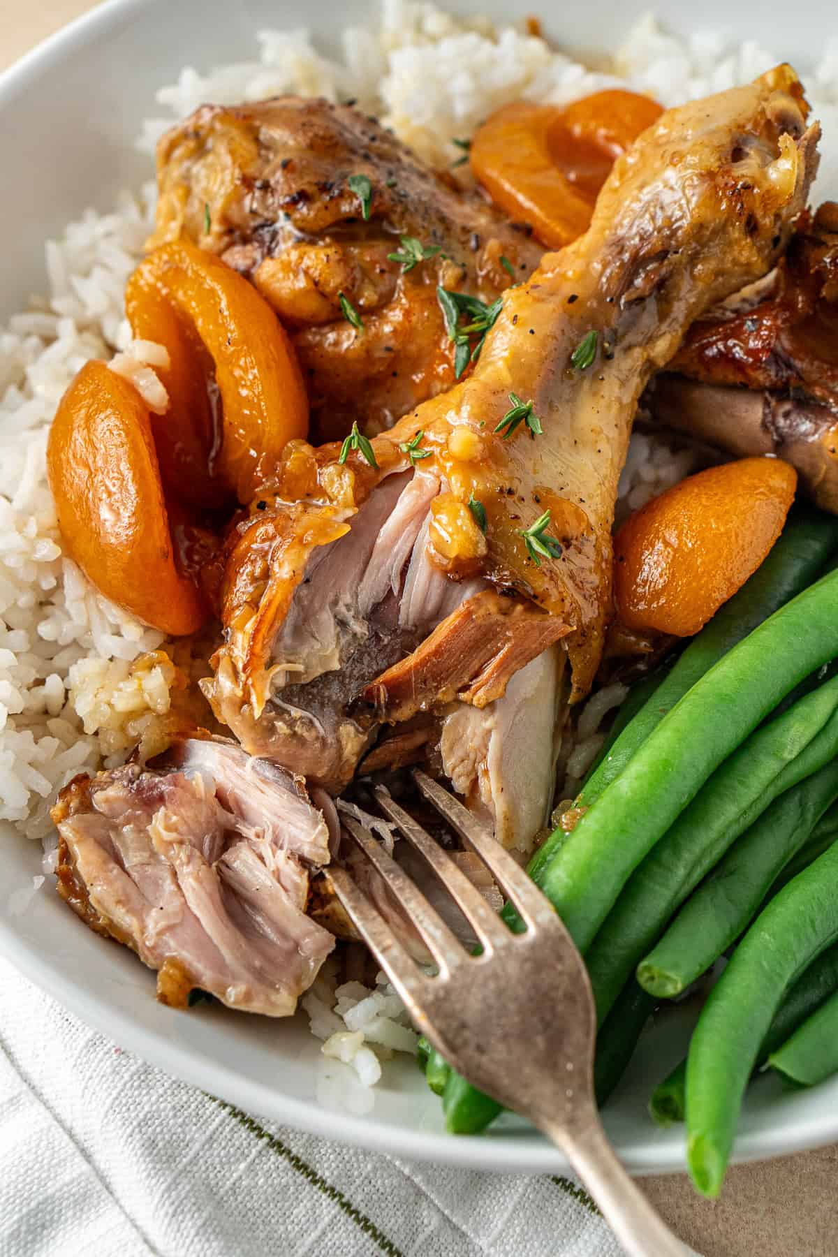 Close up of the tender, juicy chicken with apricots.
