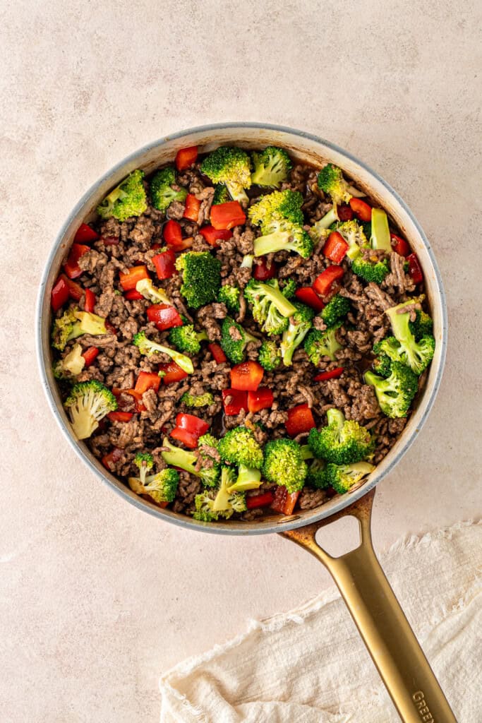 The teriyaki beef and vegetables in a frying pan.