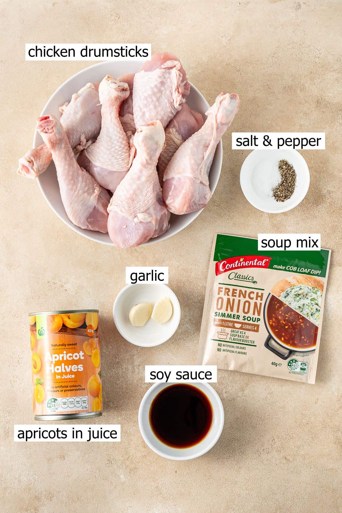 All ingredients needed to make apricot chicken in the slow cooker laid out.