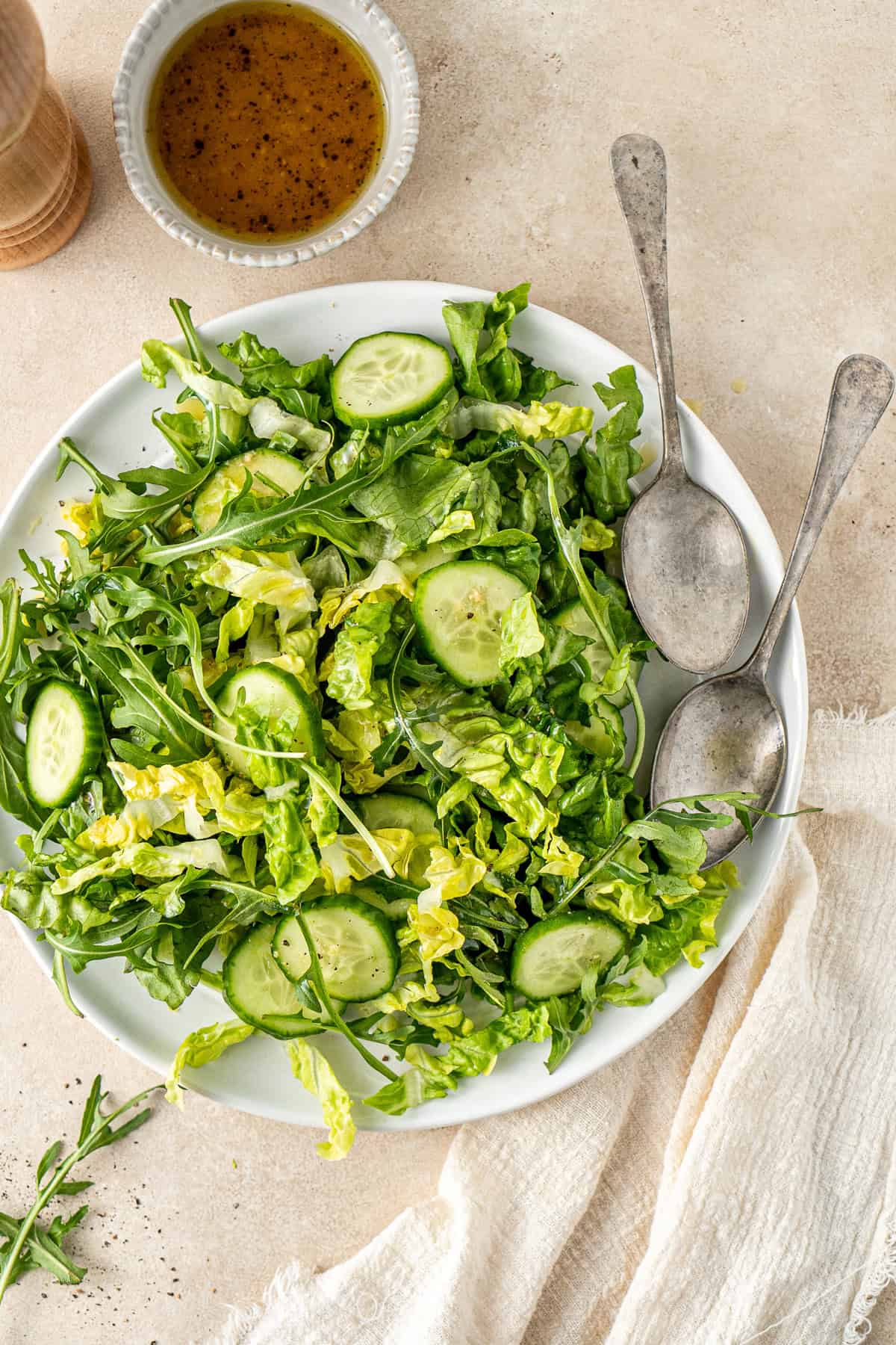 A simple green side salad served on a white plate.