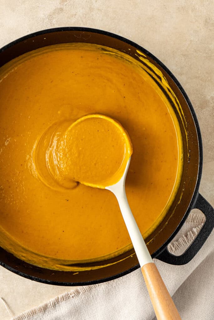 A ladle sitting in the pot of soup.