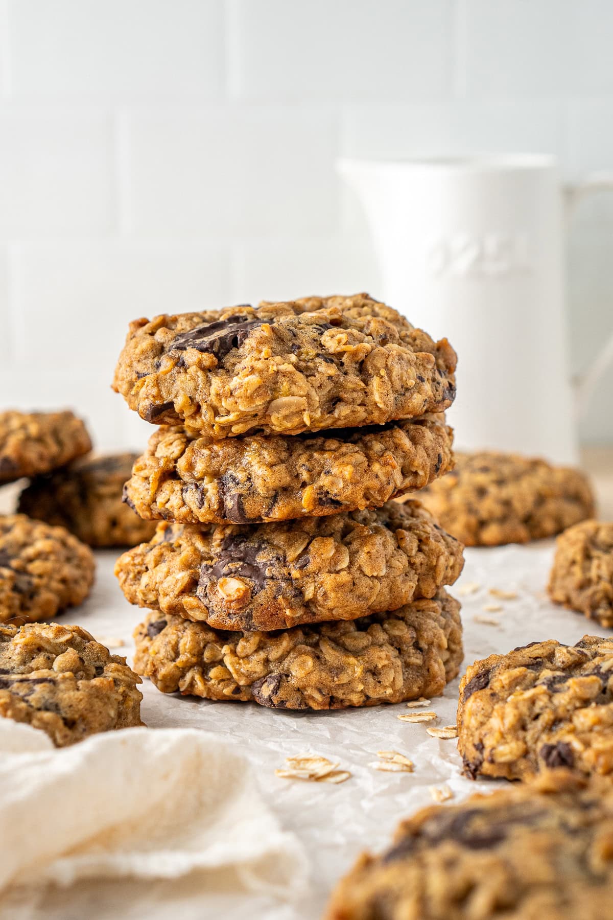 A stack of thick banana oat cookies.