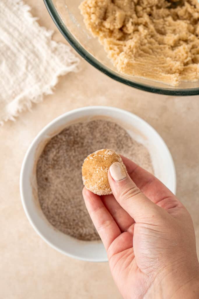 A hand holding a ball of dough dipped in spiced sugar.