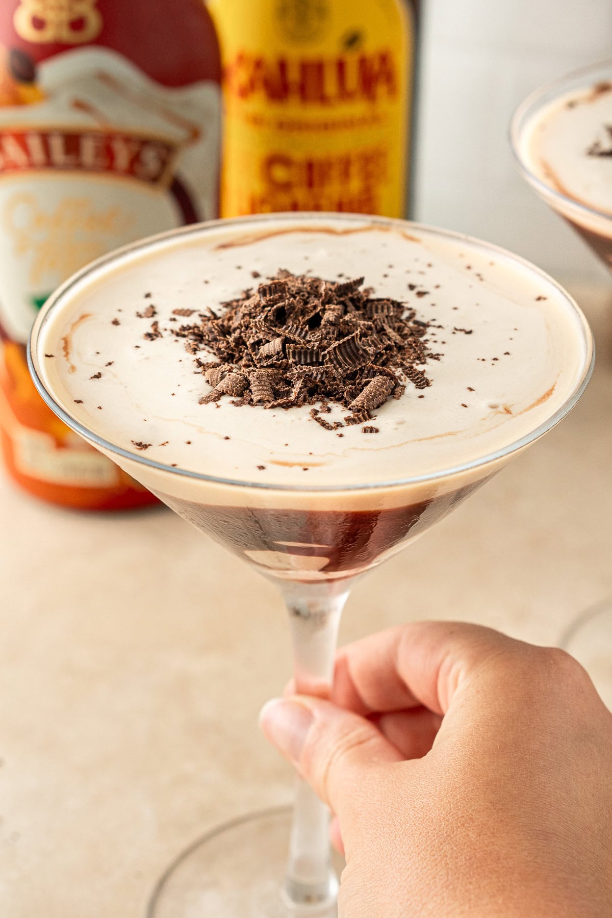 Close up of the creamy, chocolatey mudslide in a glass.