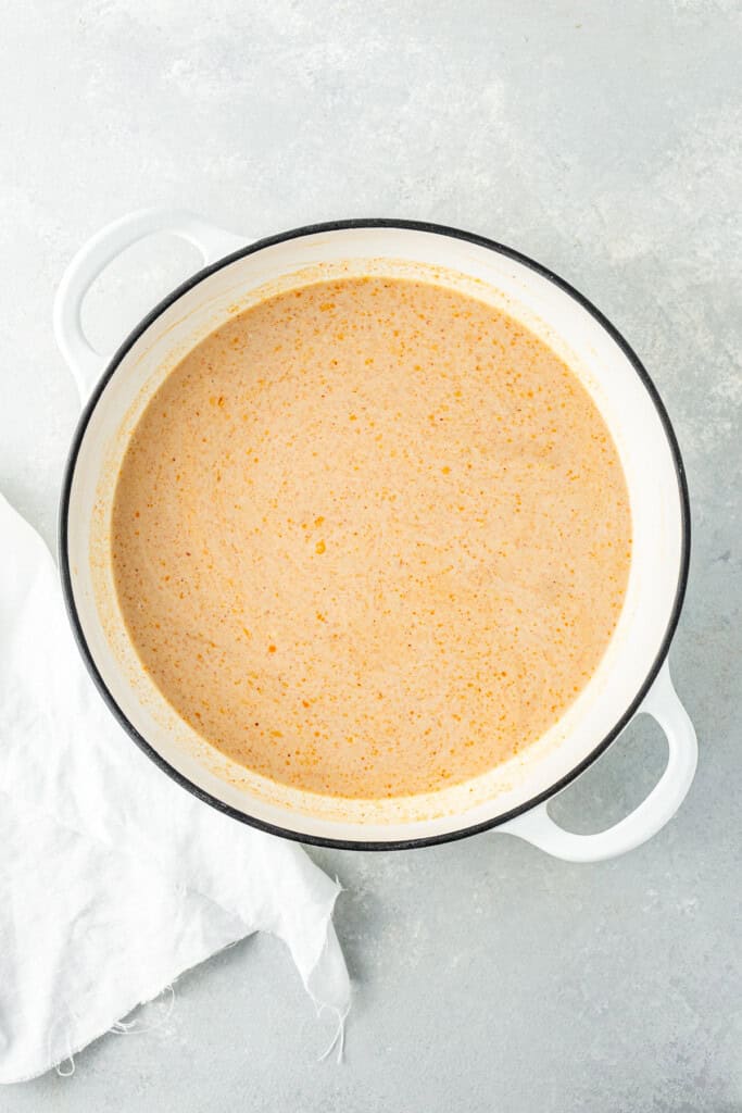 The sauce ingredients in the casserole dish.