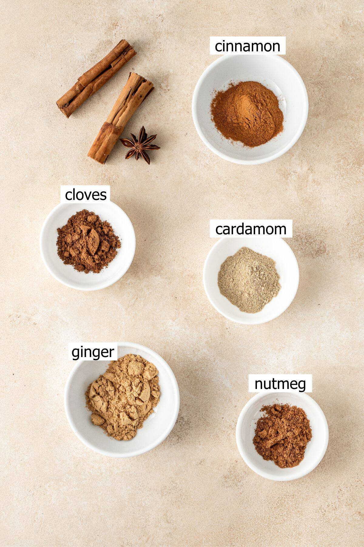 All the spices you need laid out in small bowls.