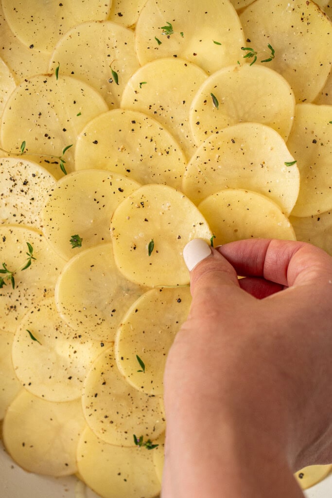 A hand placing the top layer of potatoes on.