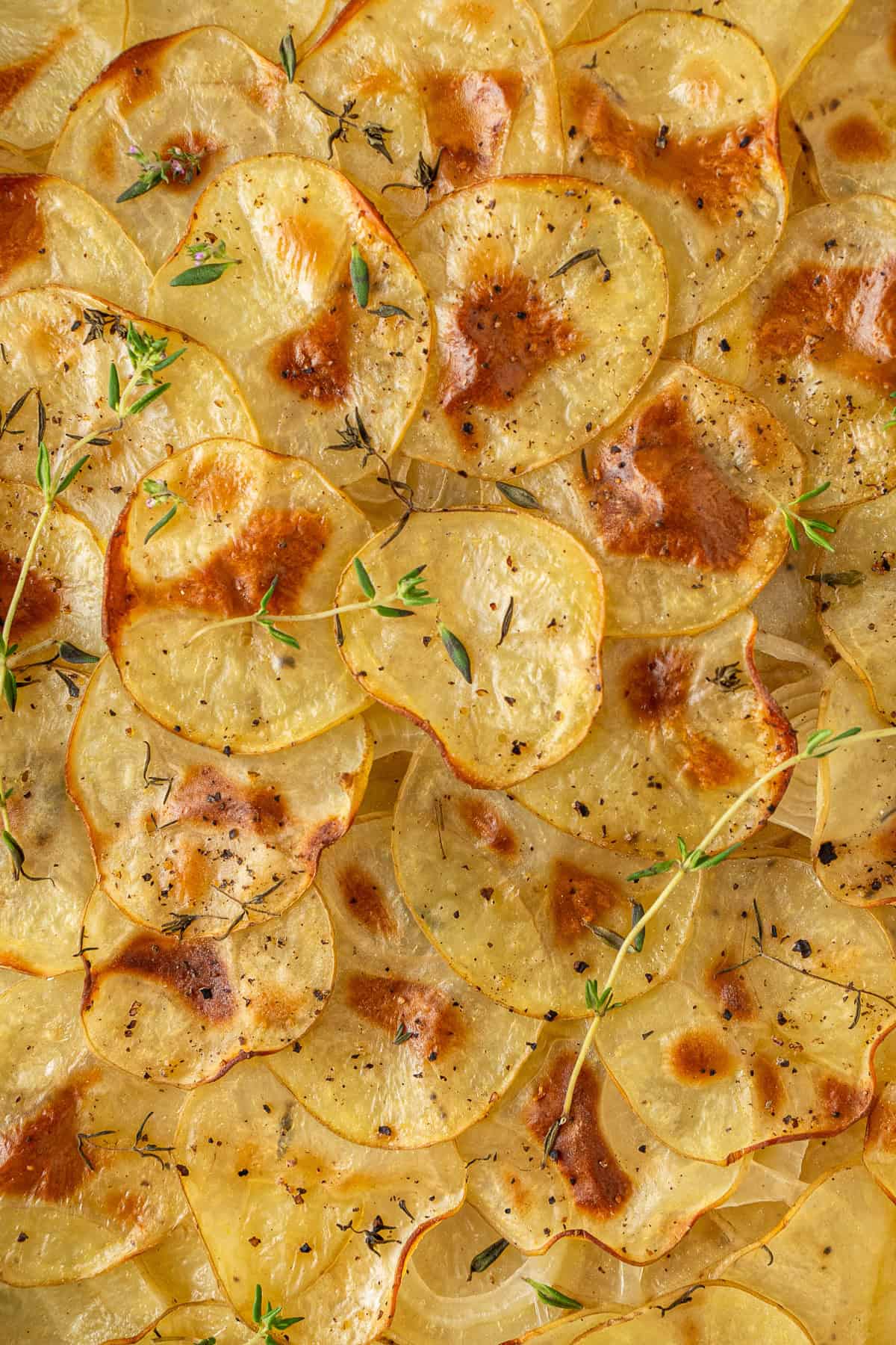 Close up of the top layer of the potatoes golden brown.