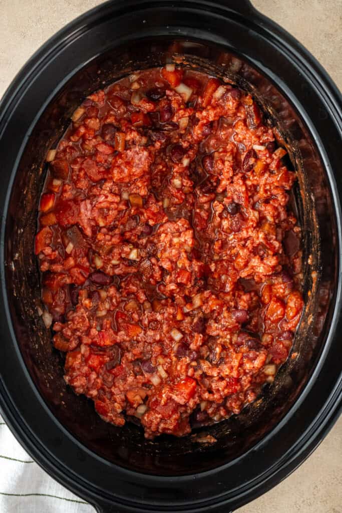 All ingredients in the bowl of the slow cooker.