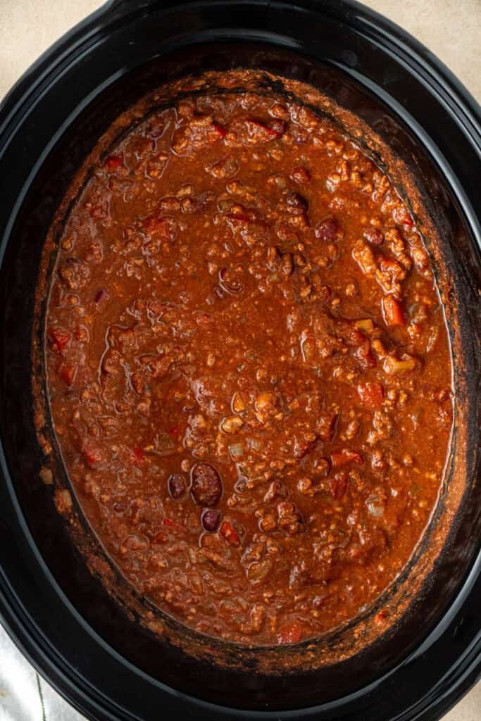 The cooked beef chilli in the slow cooker after 8 hours.