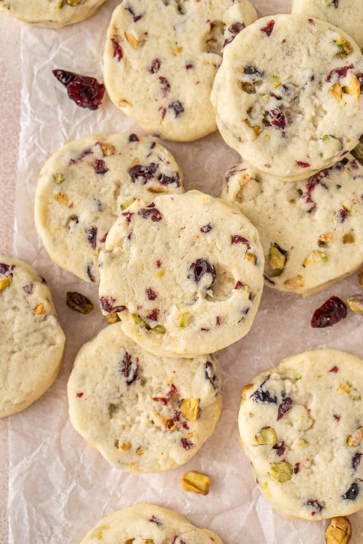 Dairy free cranberry pistachio shortbread cookies.