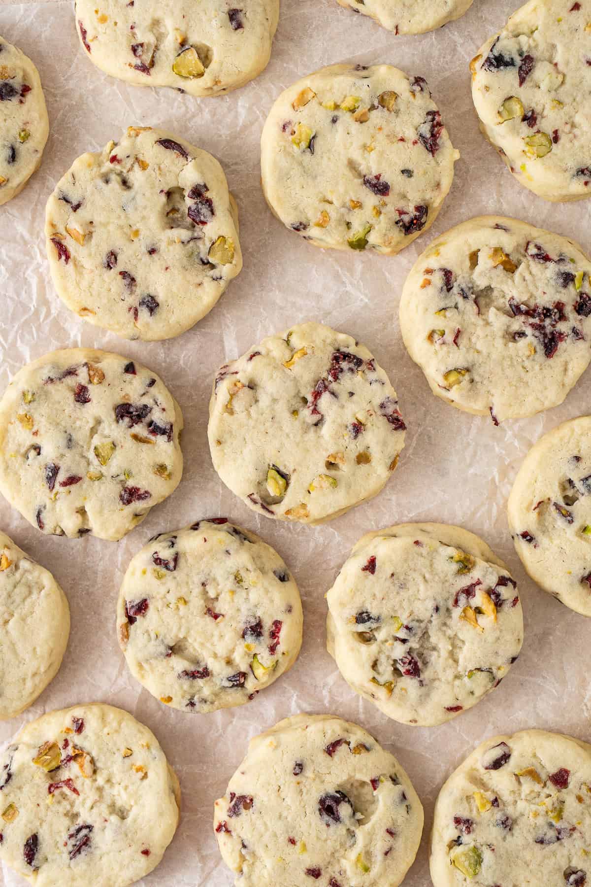 Dairy free cranberry pistachio shortbread cookies.