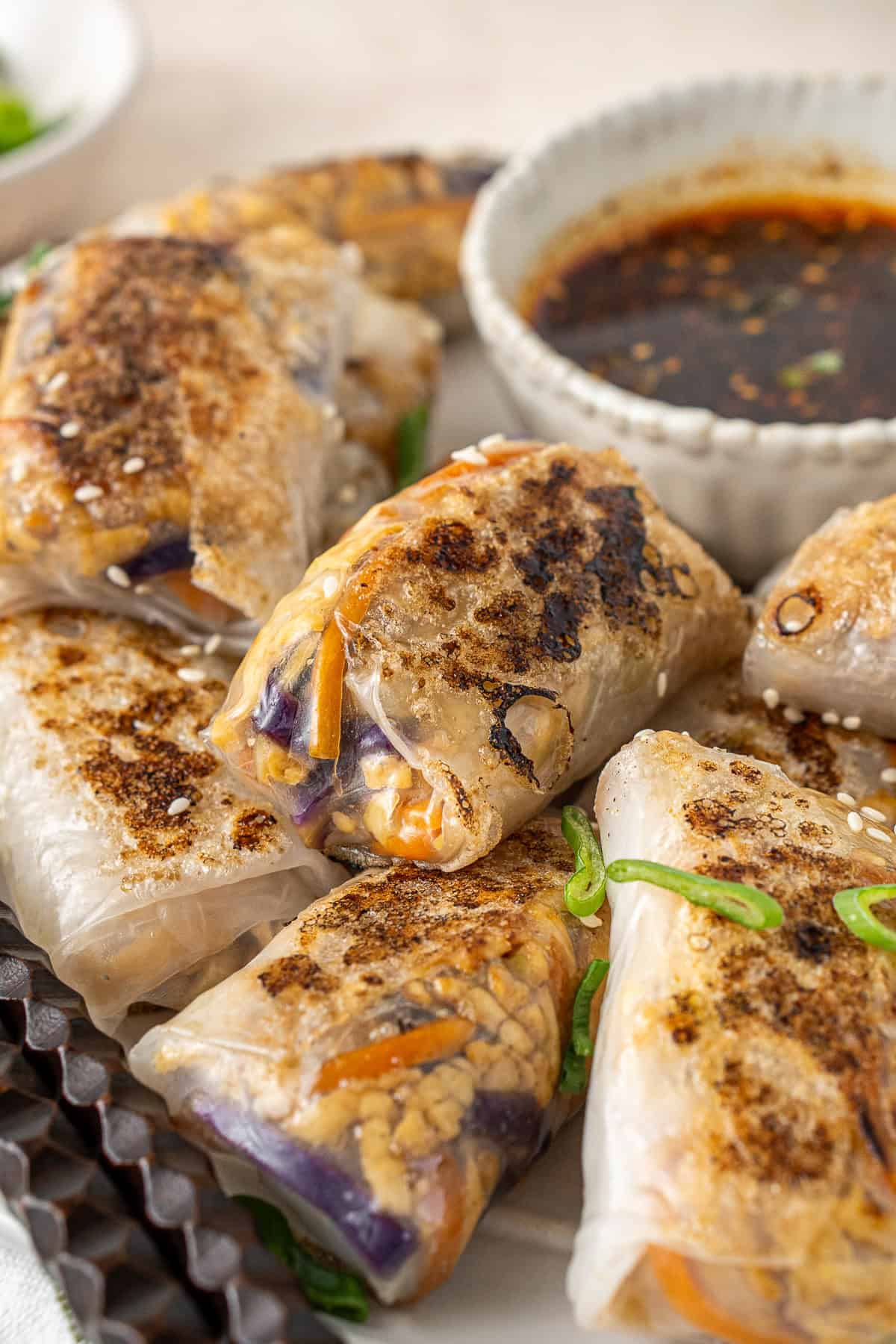 Close up of the cooked crispy dumplings on a plate.