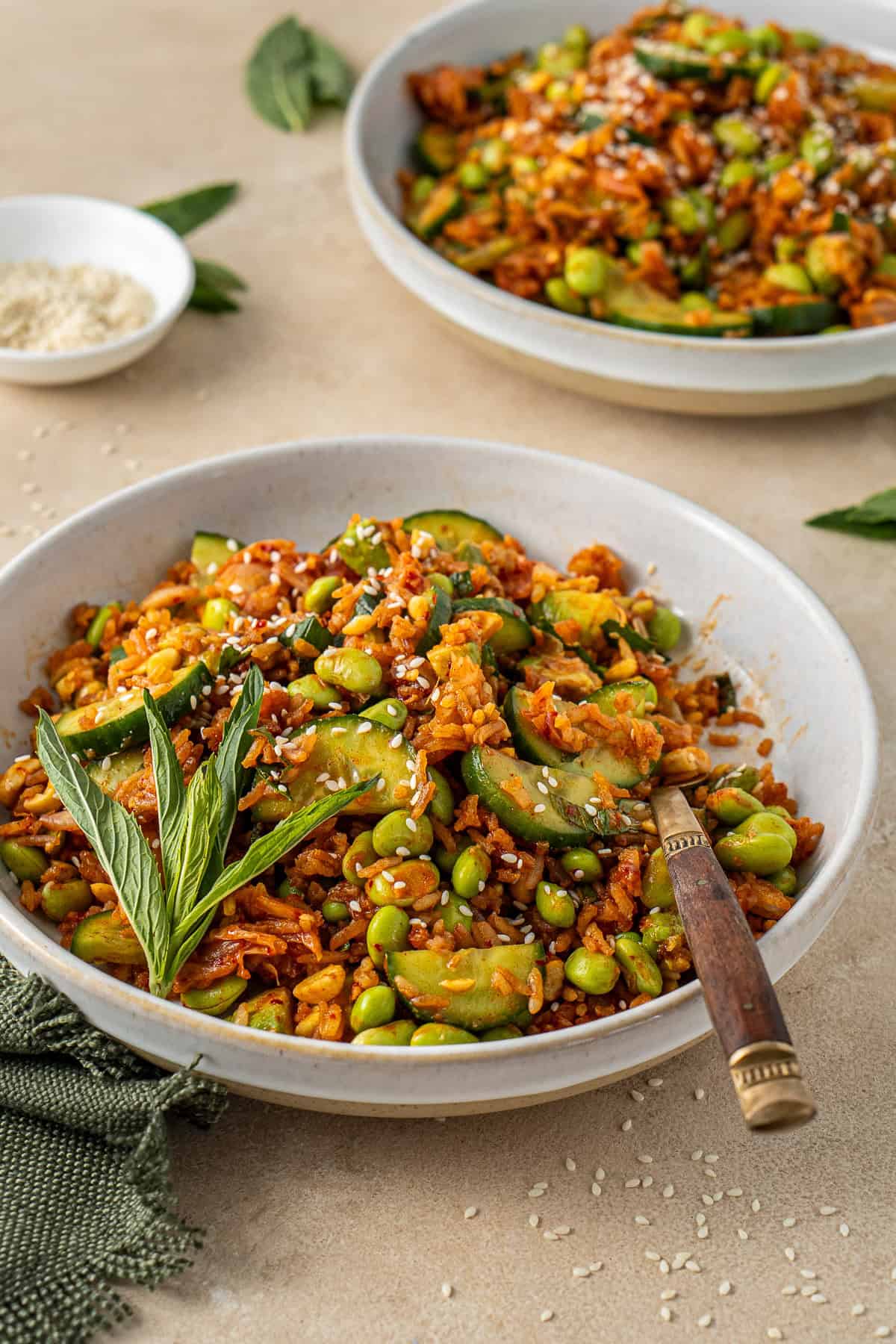 Close up of the crispy rice salad in a bowl with a fork.