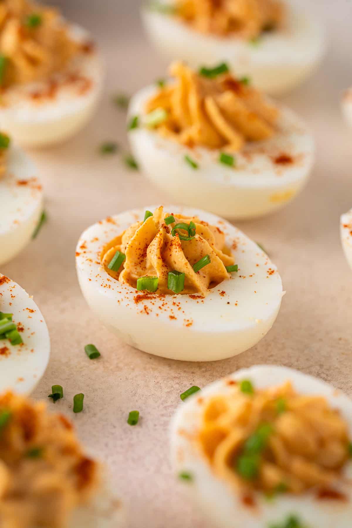 Close up of a devilled egg.