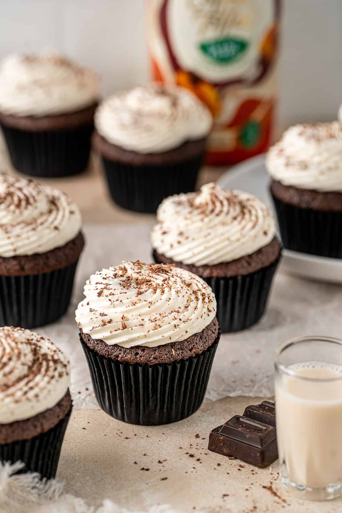 Irish cream cupcakes with buttercream and chocolate. 
