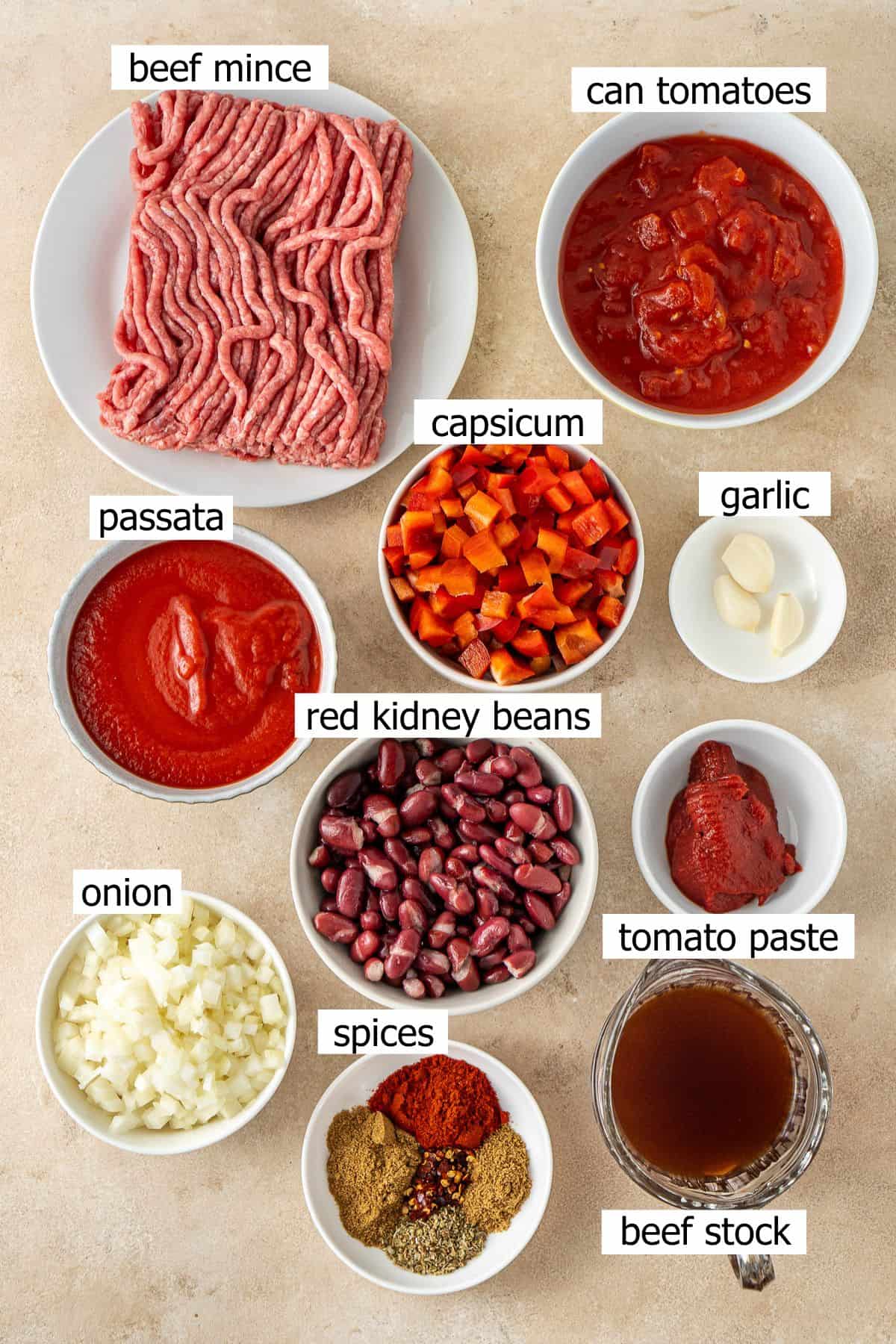 All ingredients needed to make chilli con carne in the slow cooker.