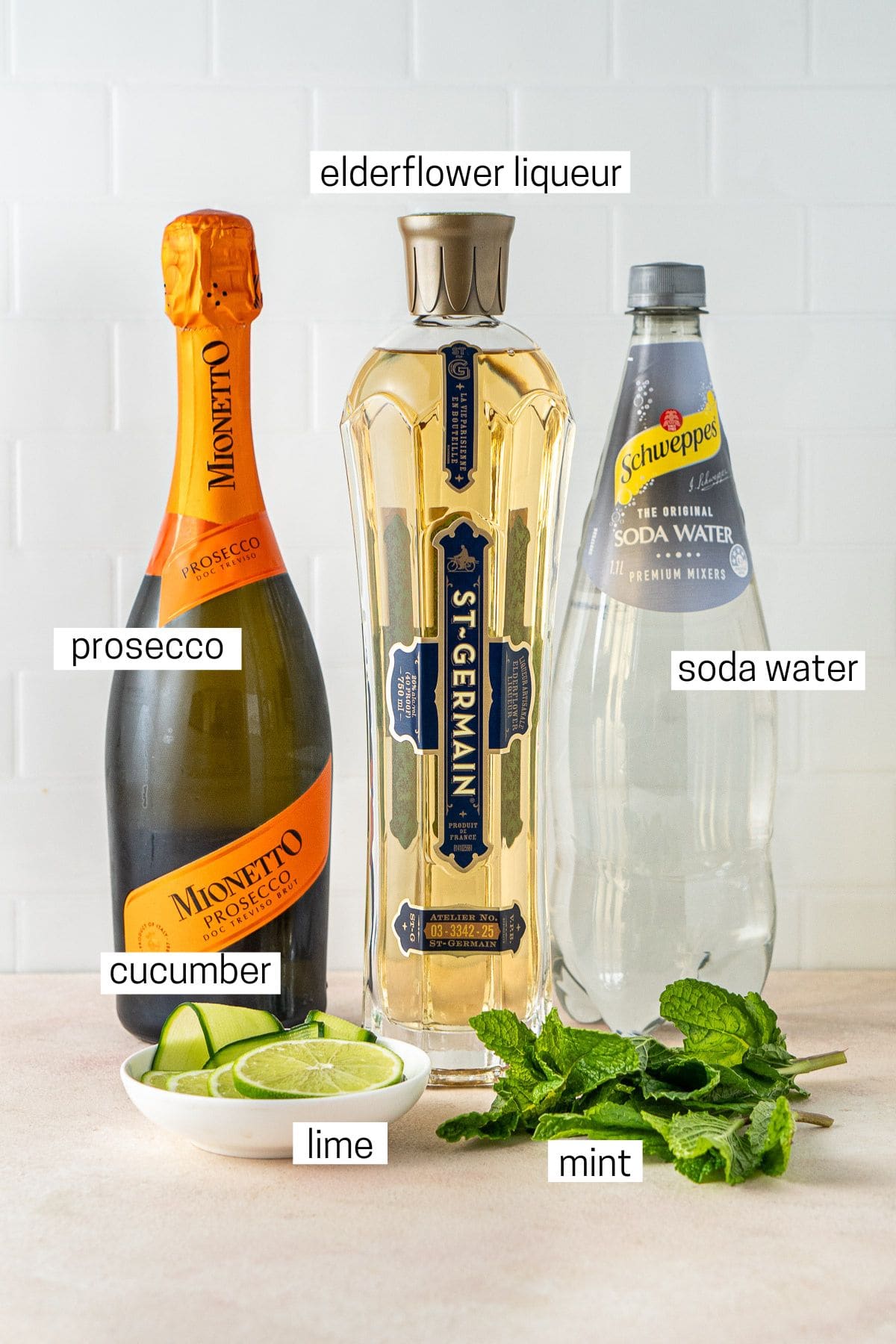 All ingredients needed to make a Hugo spritz.