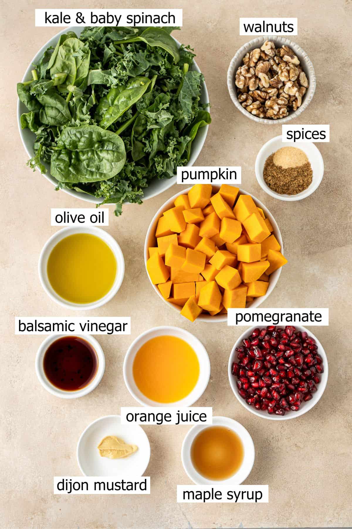 All ingredients needed to make a roasted pumpkin salad.