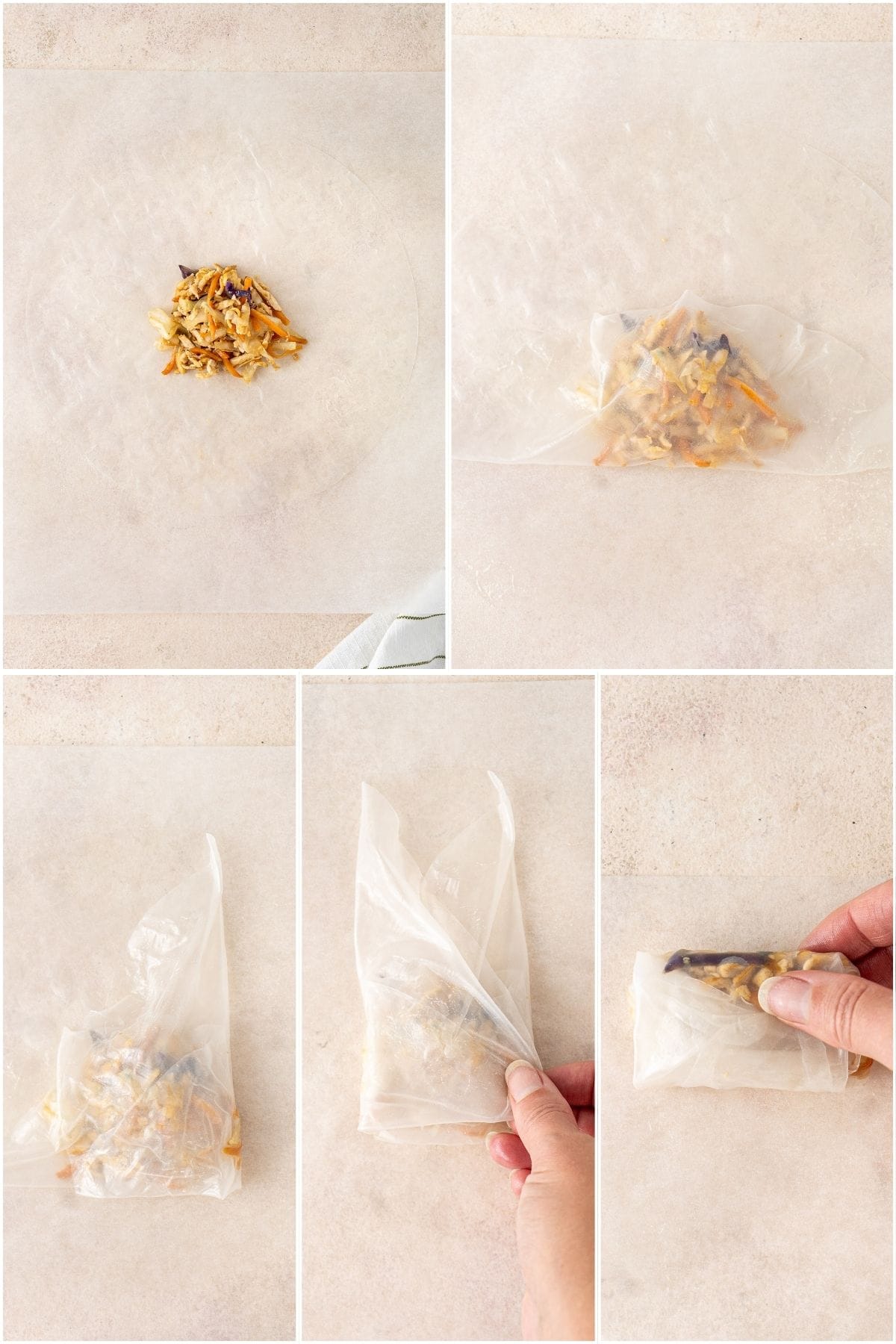 A step by step image showing how to wrap the dumplings.