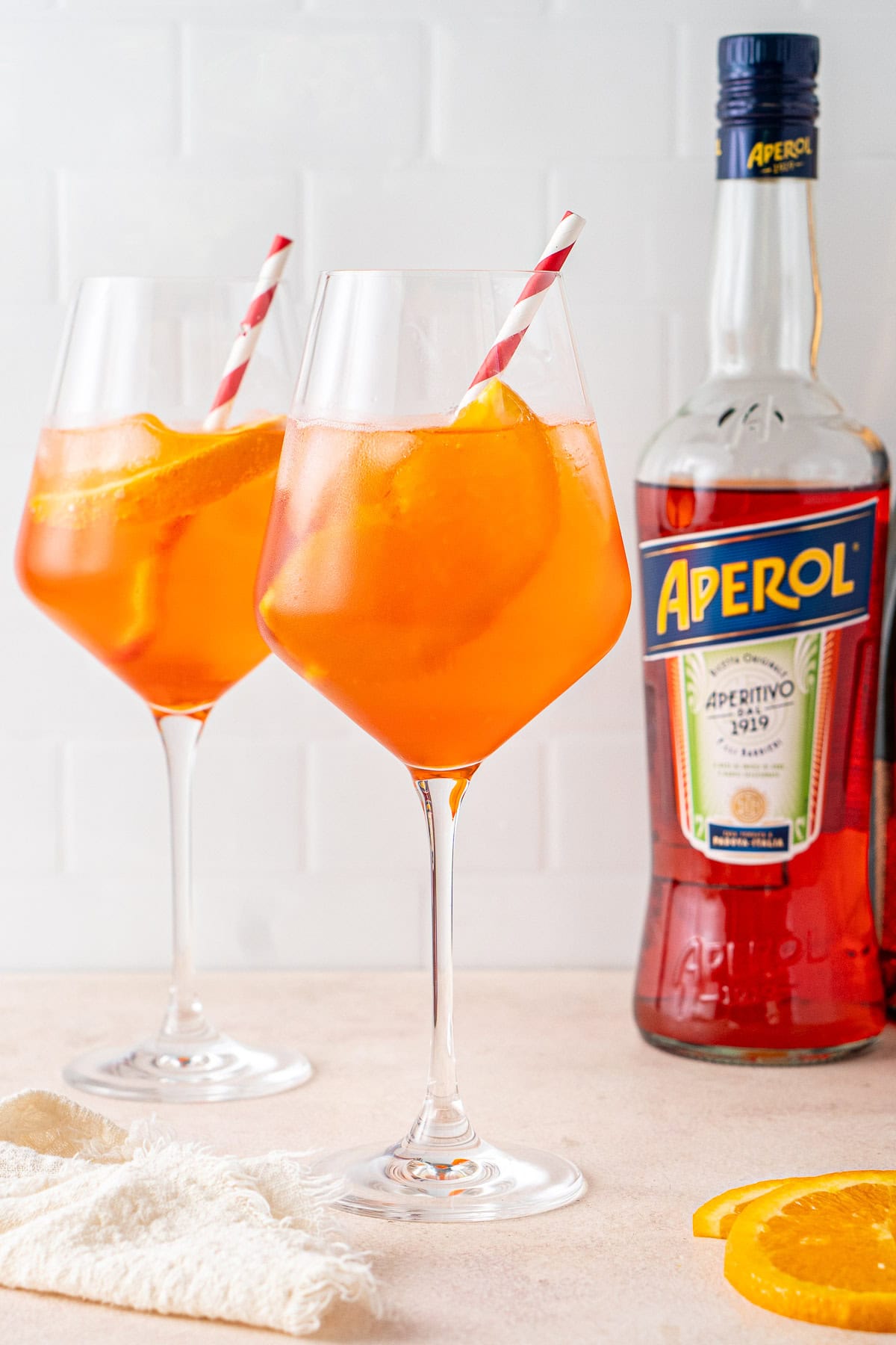 Two glasses of aperol spritz.