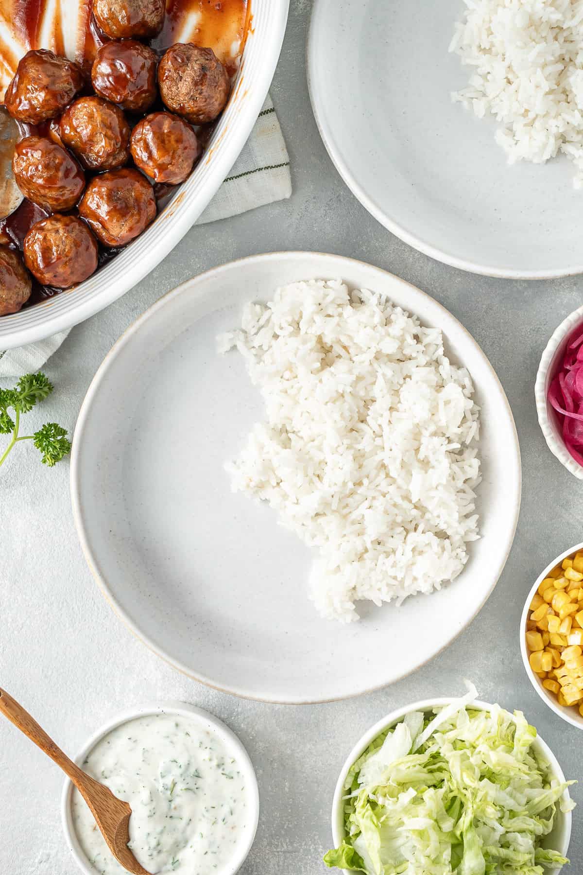 The rice added to the bowl with all the other elements prepped.