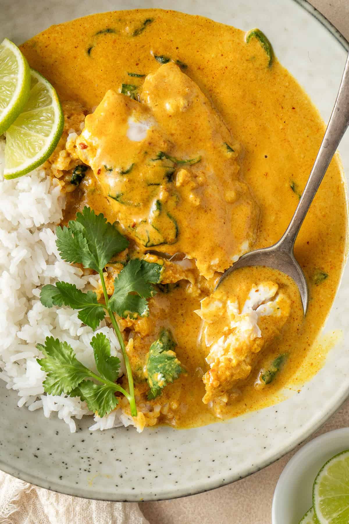 A spoon taking a bite of yellow fish curry with rice.