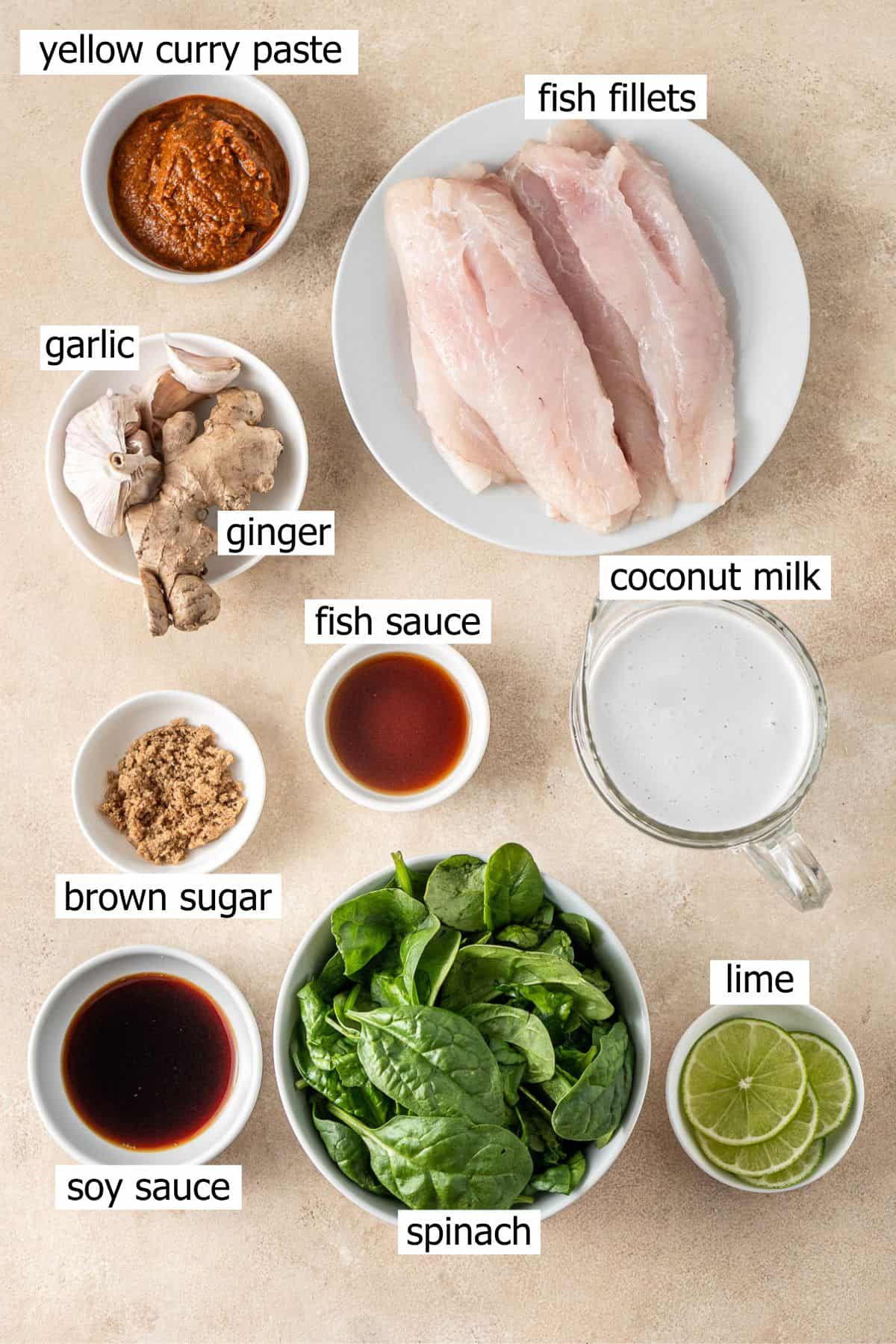 All ingredients needed to make yellow fish curry laid out in a bowl.