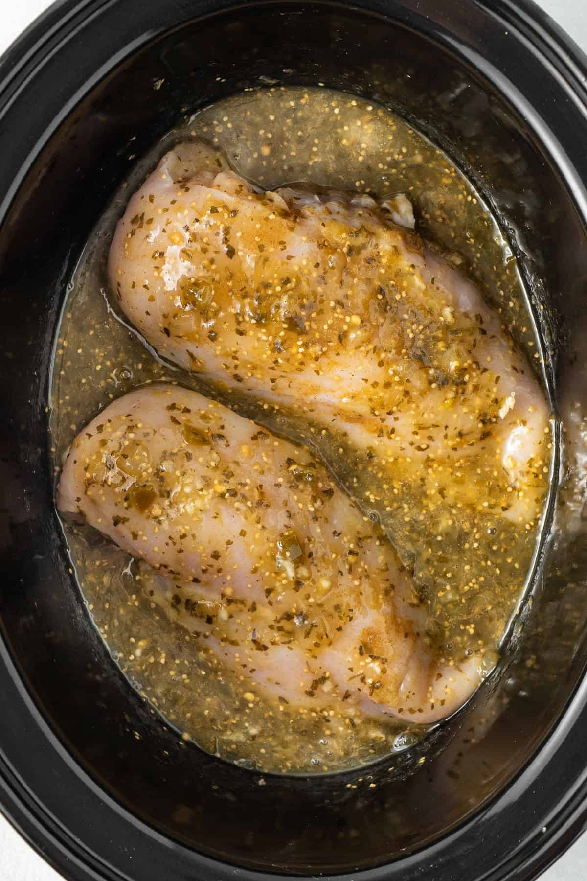 All the ingredients in the bowl of the slow cooker.