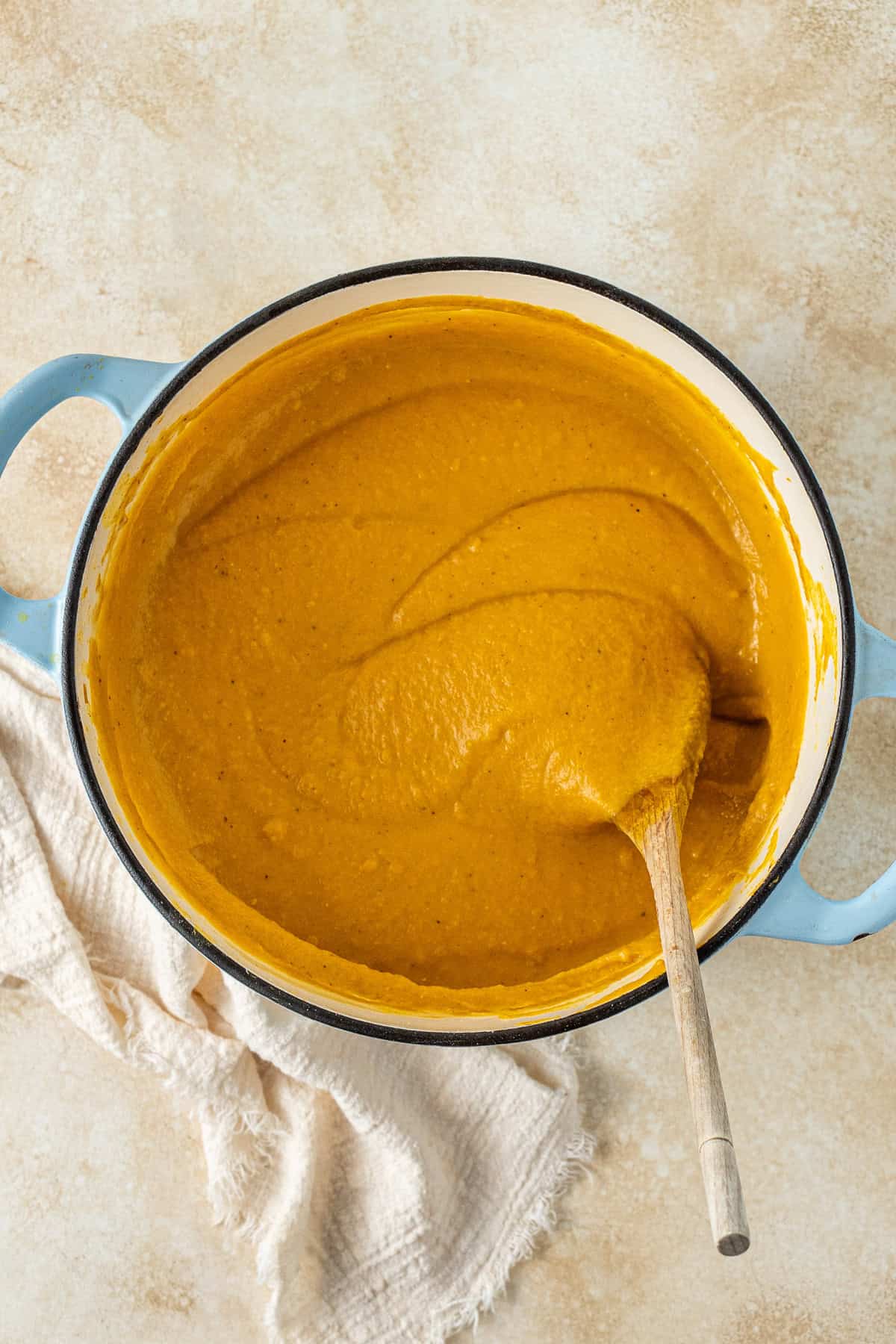 The creamy soup in the pot, ready to serve.