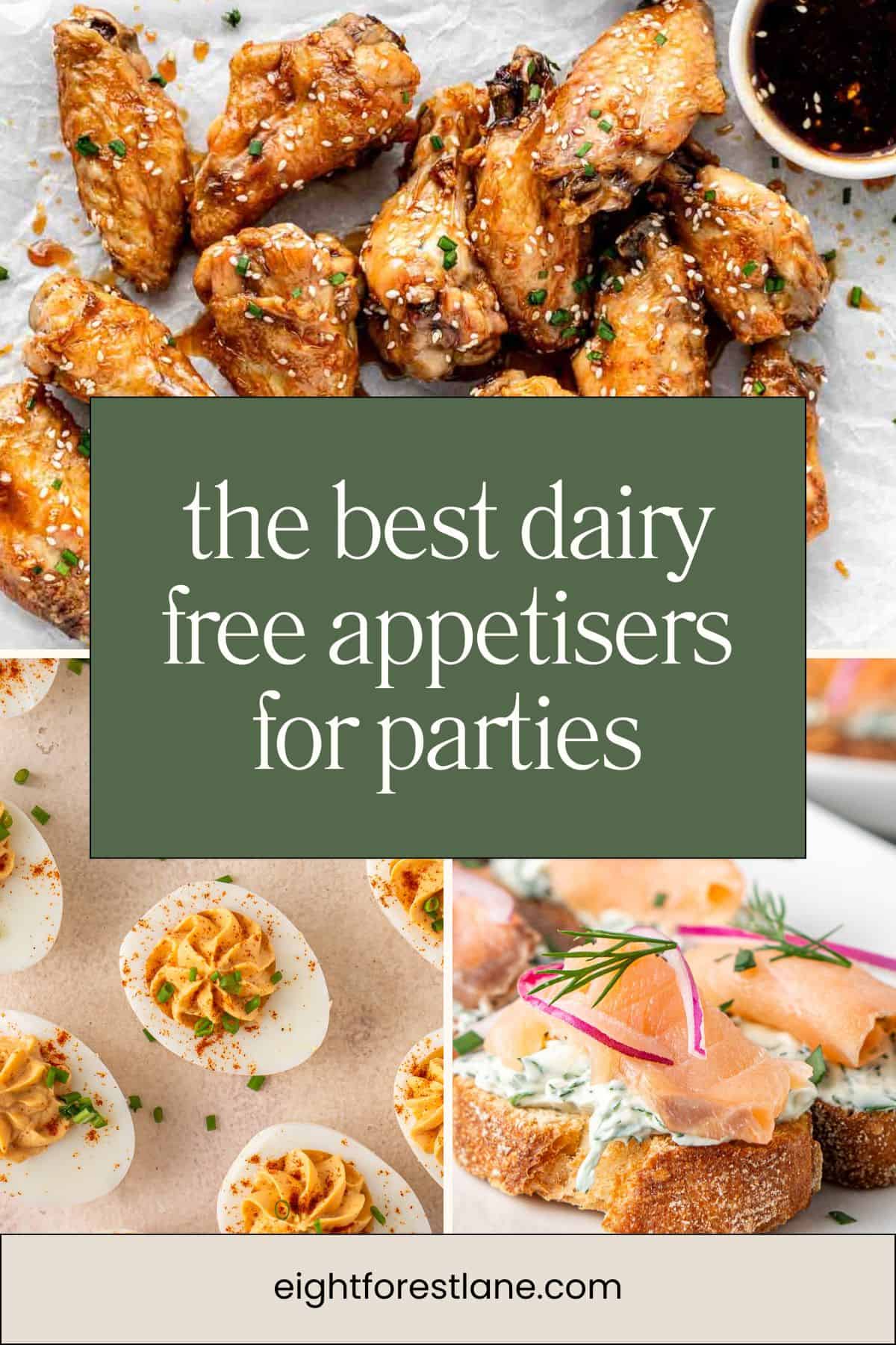 A Pinterest image with text reading the best dairy free appetisers for parties.