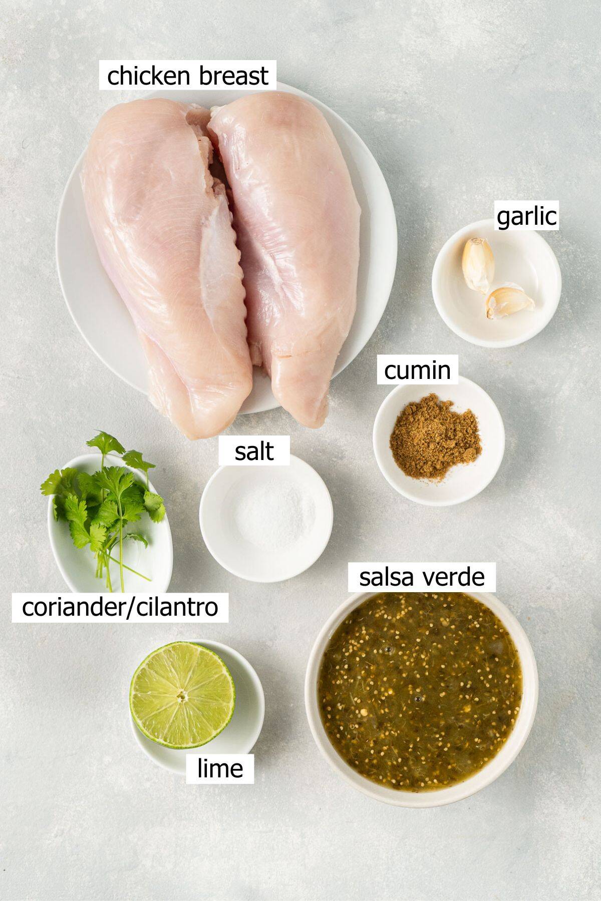 All ingredients needed to make slow cooker salsa verde chicken.
