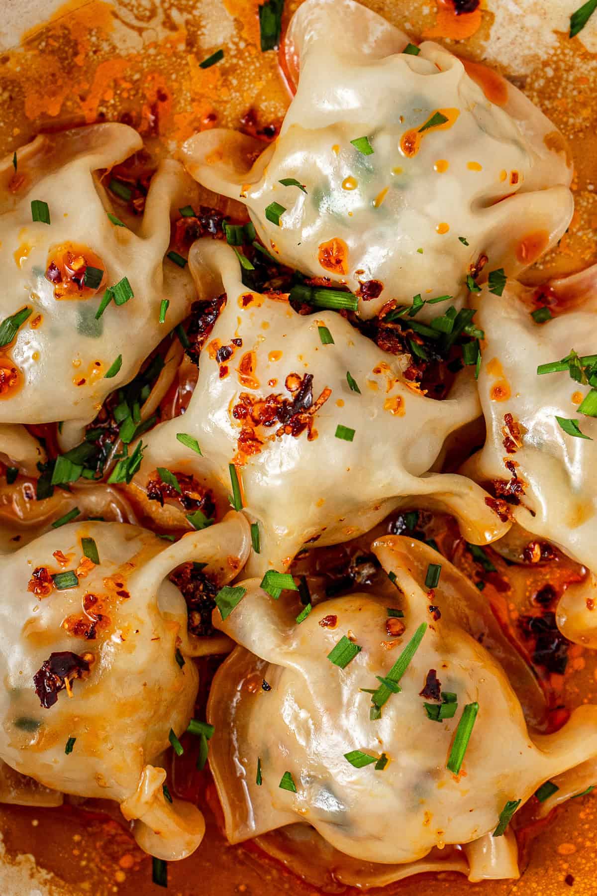 Close up of the pork and chive dumplings.