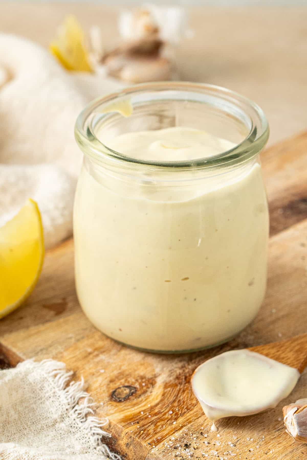 Dairy free caesar salad dressing in a jar.
