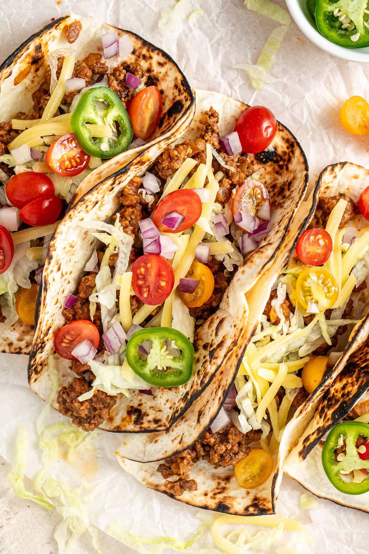 The assembled beef tacos. 
