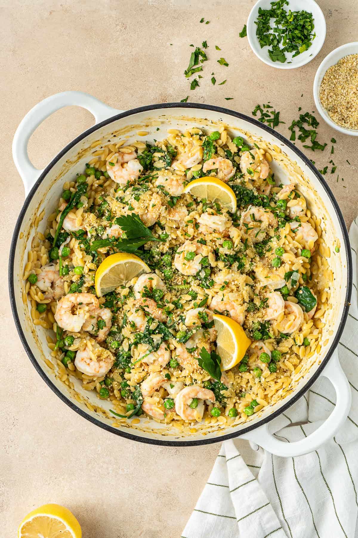 The finished pot of prawn orzo with lemon and spinach.