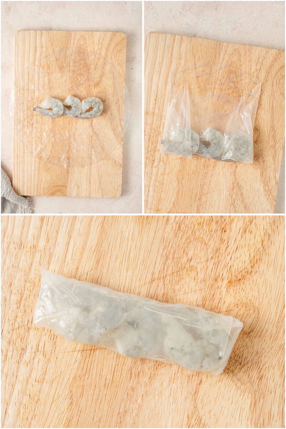 Wrapping the prawns in rice paper. 