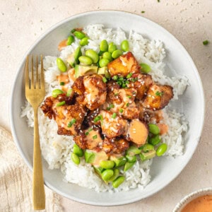 Bang bang tofu in a rice bowl.