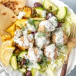 Close up of the greek meatball bowls with dairy free tzatziki.