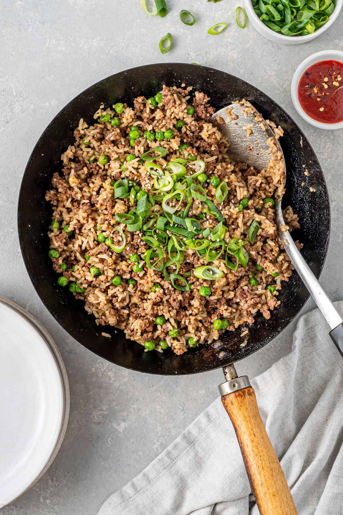The finished beef fried rice in the wok ready to serve.