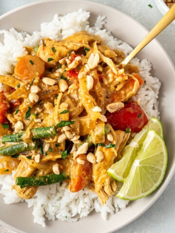Close up of the satay chicken served over rice with lime.