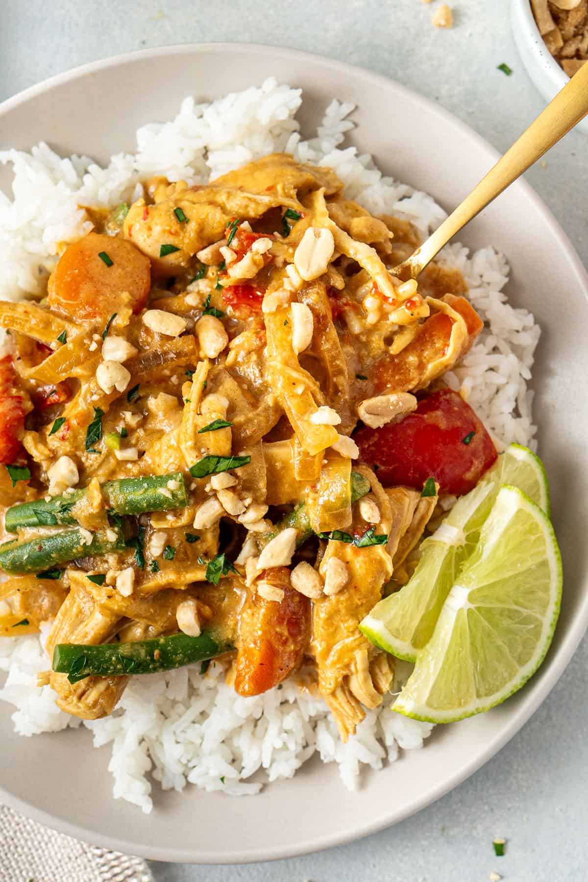 Close up of the satay chicken served over rice with lime.