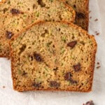 Slices of dairy free chocolate chip zucchini bread.