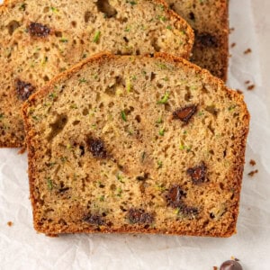 Slices of dairy free chocolate chip zucchini bread.