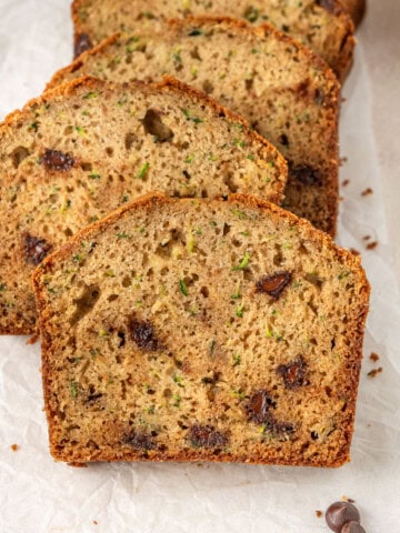 Slices of dairy free chocolate chip zucchini bread.