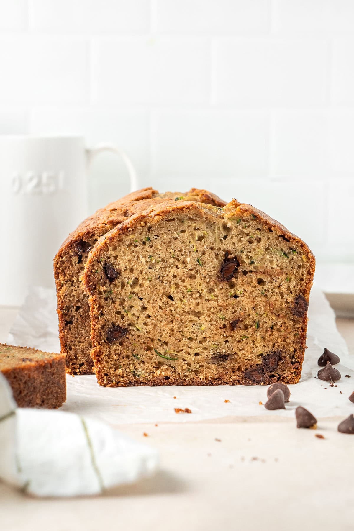 Close up of the zucchini bread loaf sliced.