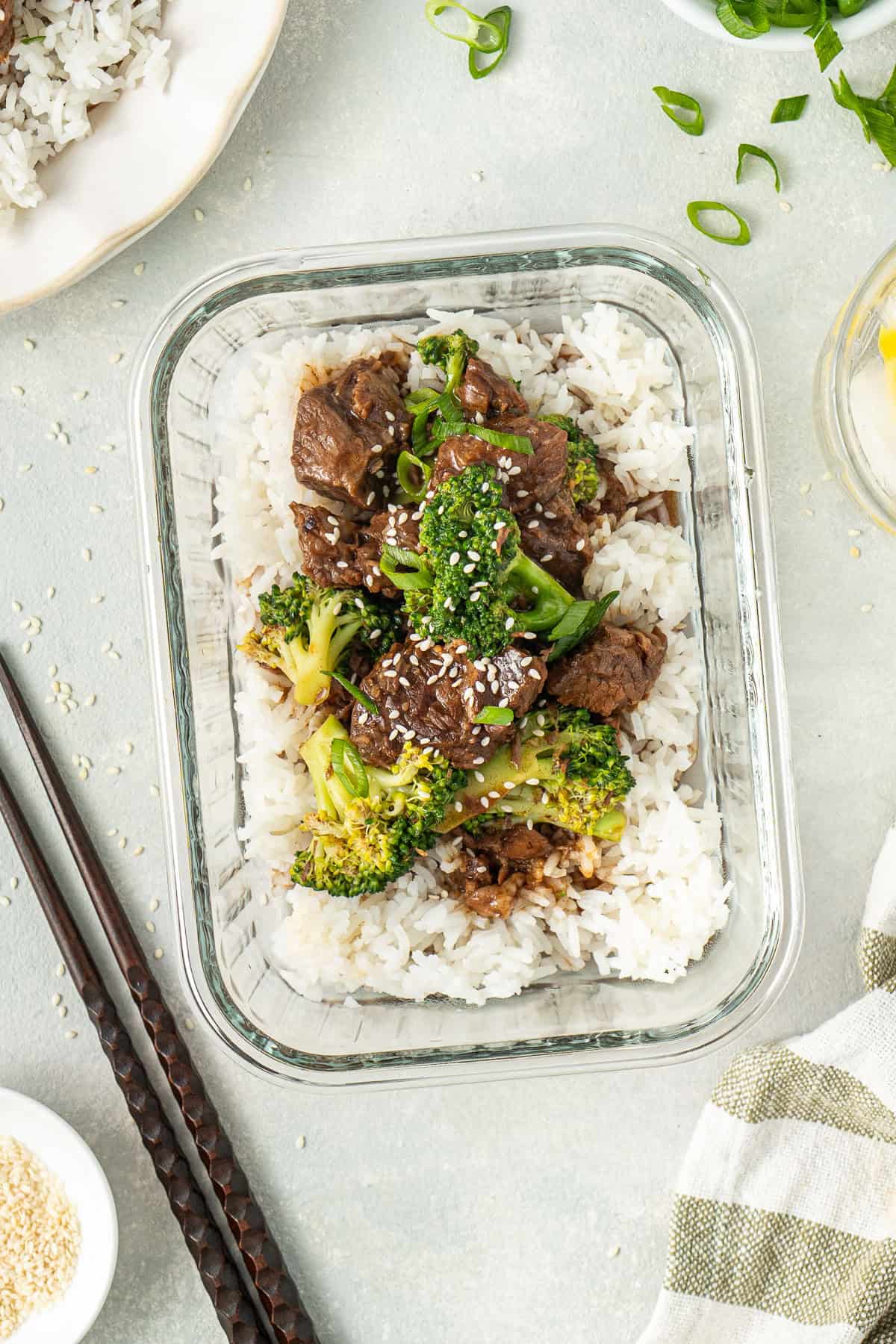 The beef and broccoli in a meal prep container to store leftovers.