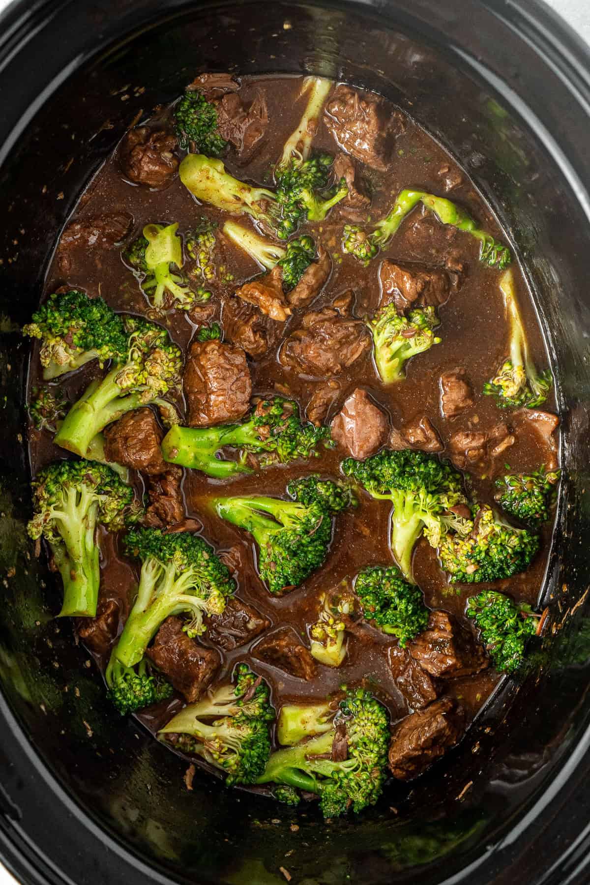 The broccoli and beef cooked in the slow cooker.