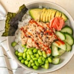 Close up of a spicy tuna sushi bowl.